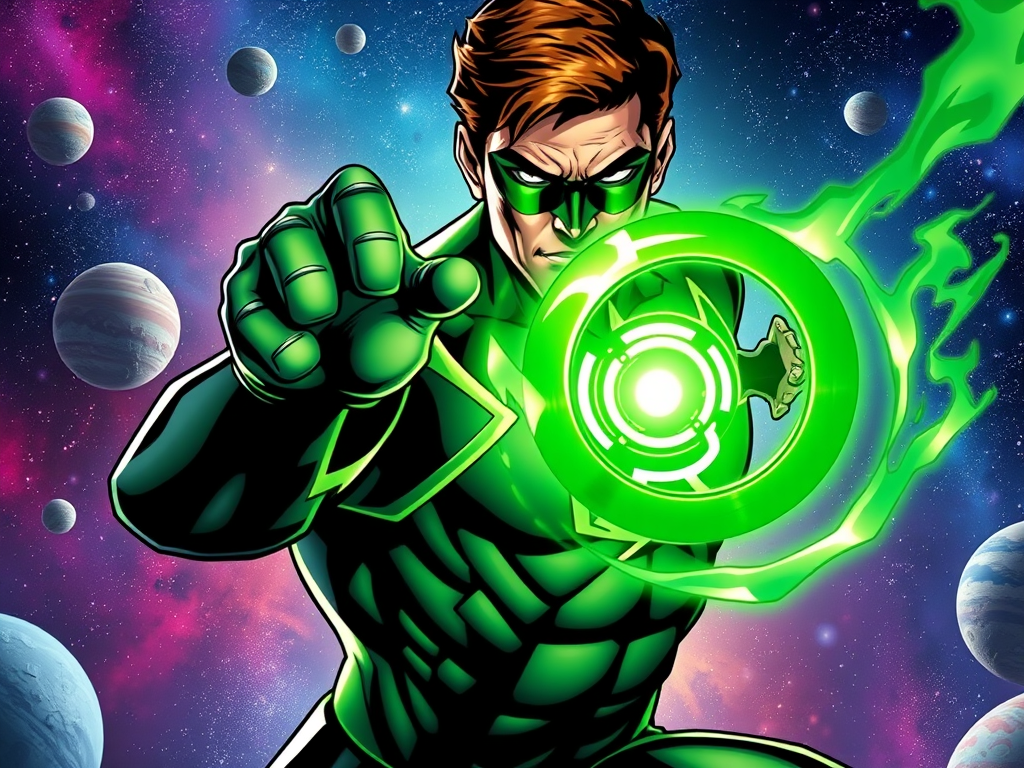 Create a highly detailed and sharp focused image of hal jordan