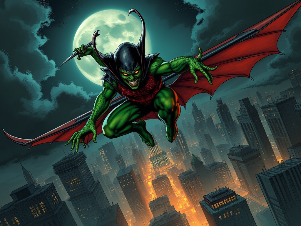 Create a highly detailed high resolution image featuring the green goblin