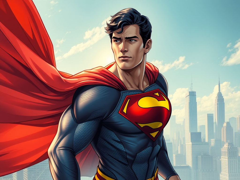 Create a highly detailed high resolution image portraying superman the iconic