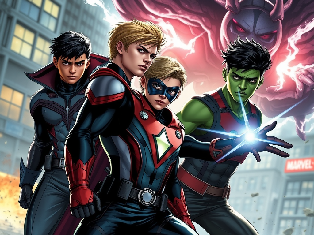 Create a highly detailed sharp focused image featuring the young avengers