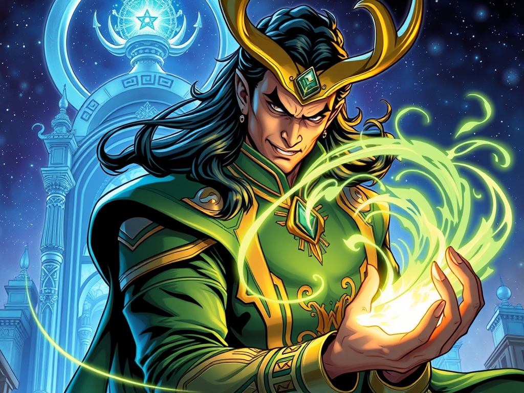 Create a dynamic and captivating featured image depicting loki the