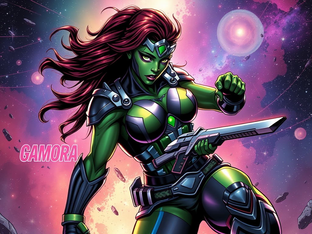 Create a highly detailed high resolution image featuring gamora the deadliest