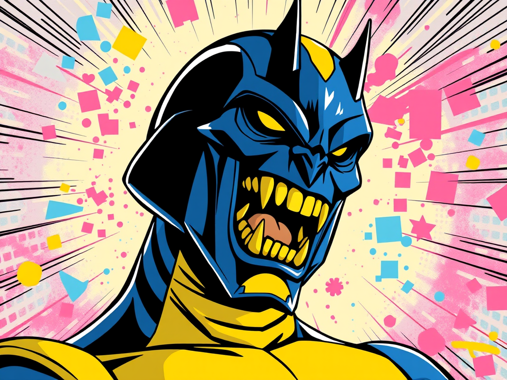 Stylized comic book illustration of anti monitor simplified blue and yellow