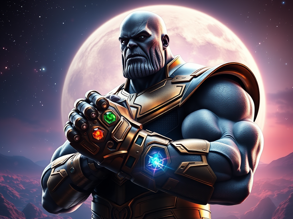 Create a highly detailed and sharp focused image showcasing thanos the