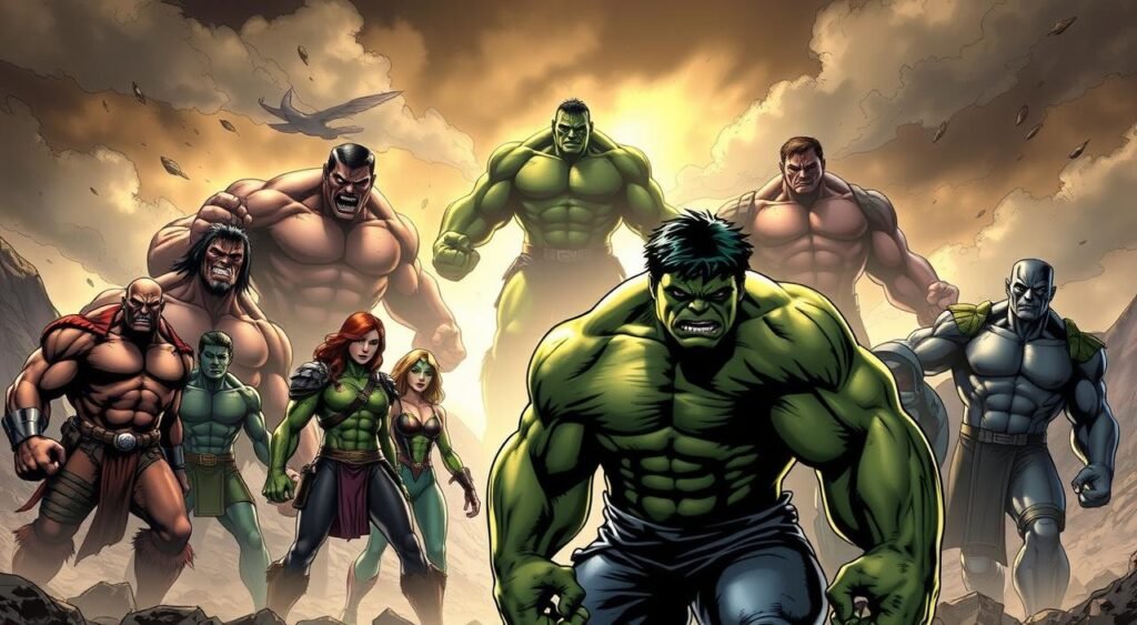 A cinematic scene depicting Hulk's greatest allies and enemies in an epic showdown. In the foreground, the Hulk stands tall and fierce, fists clenched, ready to unleash his raw power. Behind him, his loyal companions such as Rick Jones, She-Hulk, and Hulk's son Skaar assemble, determined to support the Green Goliath. In the middle ground, Hulk's formidable adversaries like Abomination, Absorbing Man, and Leader loom, their menacing expressions and imposing statures conveying their villainy. The background is shrouded in dramatic lighting, with ominous clouds and a rugged, weathered landscape setting the stage for this climactic confrontation. The overall tone is one of intensity, action, and high-stakes drama, capturing the essence of Hulk's epic battles and relationships. Hulk's Greatest Allies and Enemies
