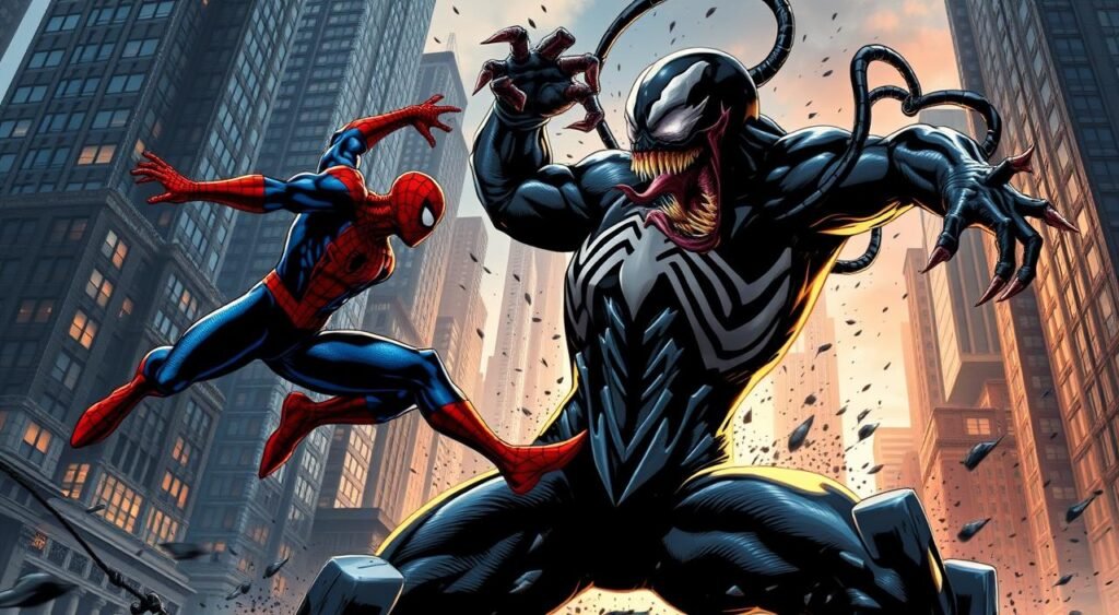 A colossal clash between Spider-Man and Venom rages in an urban metropolis, the towering skyscrapers of the city serving as a gritty backdrop. Spider-Man, agile and quick, deftly evades Venom's ferocious attacks, his crimson-and-blue suit a blur of motion. Venom, a hulking mass of black, oozing symbiote, looms menacingly, baring razor-sharp fangs and lashing out with tentacle-like appendages. The scene is bathed in dramatic lighting, casting deep shadows and imbuing the confrontation with a sense of high-stakes drama. The camera angle is dynamic, capturing the conflict from multiple perspectives, showcasing the power and intensity of the two adversaries locked in a symbiotic rivalry. Spider-Man vs. Venom: A Symbiotic Rivalry