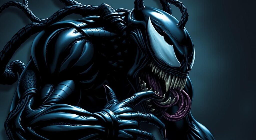 A dark, ominous entity emerges from the shadows, its inky tendrils unfurling and consuming its host. The Venom symbiote, a living, breathing manifestation of pure darkness, clings to its prey with an insatiable hunger. Glossy, obsidian skin glistens under harsh, dramatic lighting, casting eerie shadows that accentuate its alien, predatory form. Gleaming fangs and piercing white eyes convey a sense of primal, unstoppable power, as the symbiote's tendrils snake and coil, ready to strike. The background fades into a deep, foreboding void, emphasizing the symbiote's ominous presence and the weight of its sinister intent. Captured in a dynamic, cinematic composition, this image reflects the dark, symbiotic rivalry at the heart of the "Black Suit Saga". Spider-Man vs. Venom: A Symbiotic Rivalry