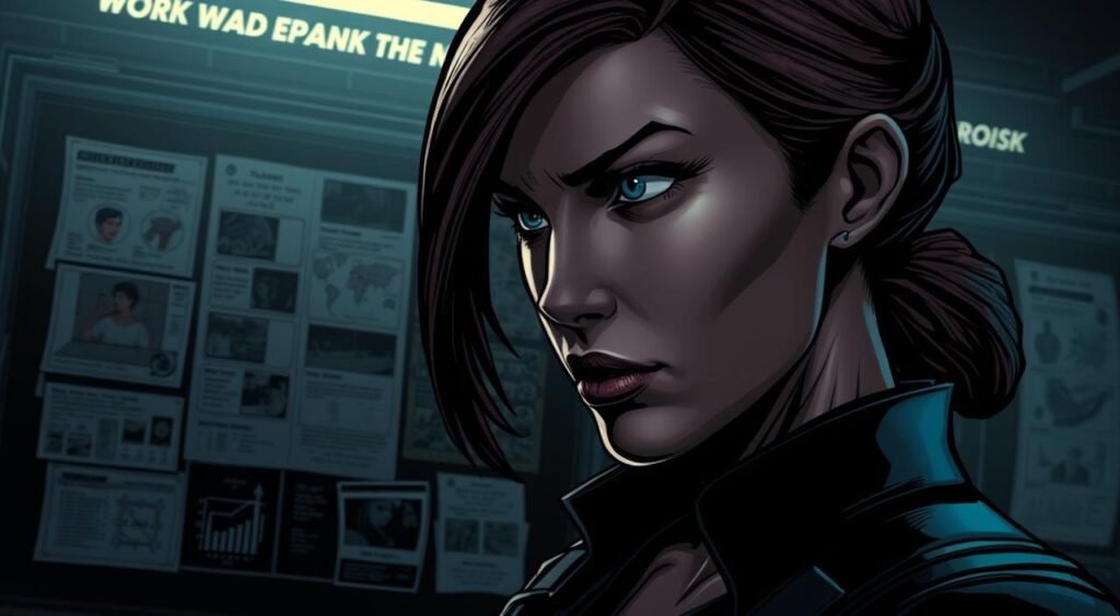 A dimly lit, cinematic environment with dramatic chiaroscuro lighting and a moody, contemplative atmosphere. In the foreground, a detailed character profile of Black Widow, her piercing gaze and tactical expression captured in a close-up portrait. Her features are rendered with meticulous realism, highlighting her penetrating eyes and the subtle nuances of her facial expressions. In the middle ground, a collage of tactical diagrams, intelligence files, and surveillance imagery, hinting at her analytical approach to assessing her targets. The background is shrouded in shadows, with only a faint outline of a war room or command center visible, conveying a sense of covert operations and high-stakes decision-making. Main Character Dossiers