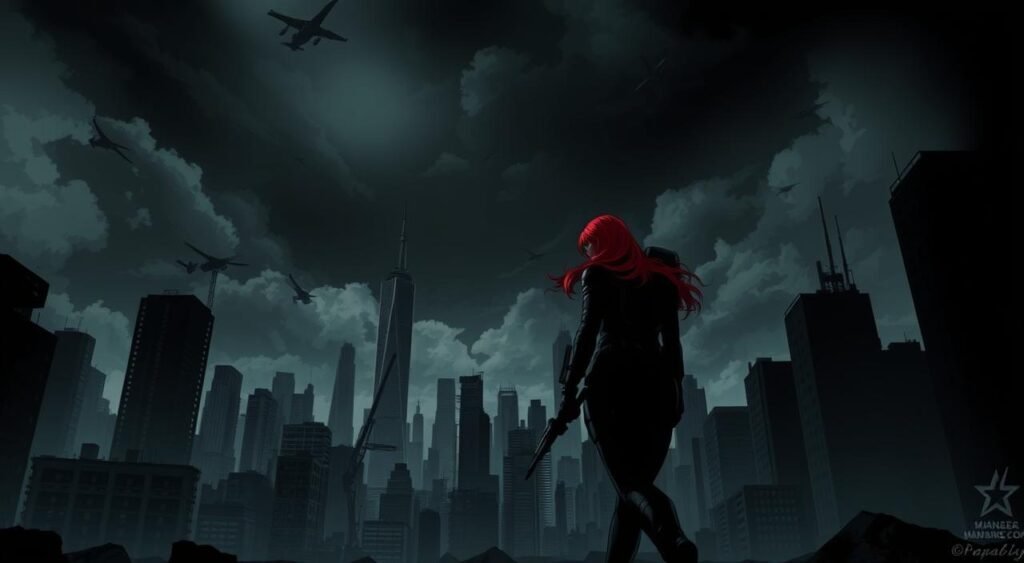 A dimly lit cityscape, shrouded in a somber, cinematic tone. In the foreground, a lone figure moves stealthily through the shadows, her black tactical gear and flowing red hair betraying her identity as the iconic Black Widow. The middle ground reveals a towering, dystopian skyline, the remnants of a once-vibrant metropolis now reduced to a battleground. In the background, ominous clouds loom, casting an oppressive atmosphere over the scene. The lighting is moody and dramatic, with strategic use of chiaroscuro to highlight the narrative's intensity. The camera angle is low and tilted, creating a sense of unease and emphasizing the ominous, high-stakes nature of the infiltration. This stark, gritty image encapsulates the essence of the "Kingdom Come" narrative and its connection to Black Widow's exceptional spy skills and tactical genius. Narrative Infiltration: Breaking Down Kingdom Come's Story