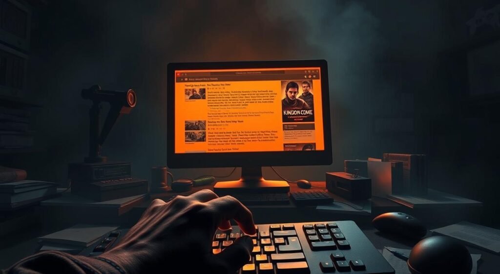 A dimly lit room, the air thick with the weight of critical analysis. In the center, a lone computer monitor displays a series of reviews for the highly anticipated game "Kingdom Come: Deliverance." The screen is illuminated by a warm, amber glow, casting dramatic shadows across the desk and surrounding clutter. In the foreground, a reporter's hand hovers over a keyboard, poised to document the game's reception. The background is shrouded in a hazy, atmospheric lighting, giving the scene a sense of contemplation and introspection. The overall mood is one of intensity and focus, as the viewer is drawn into the world of gaming journalism and the critical assessment of a significant release. Intelligence Report: Critical Reception