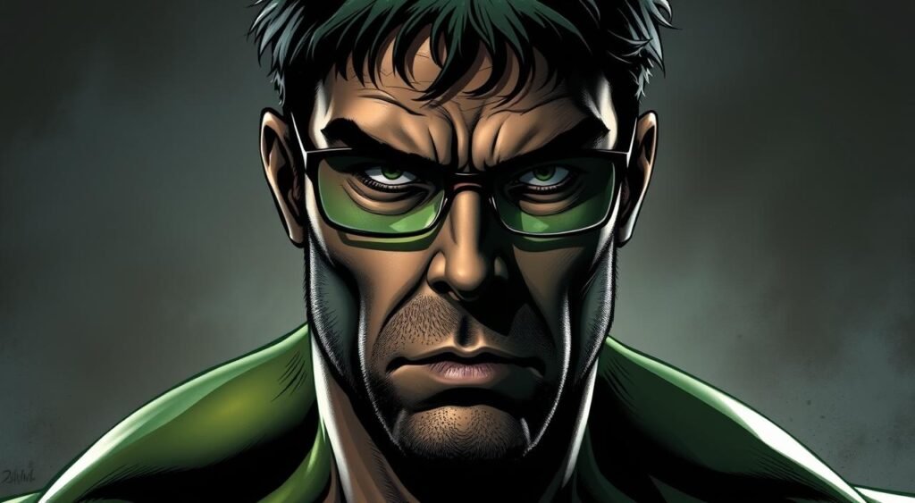 A dramatic close-up portrait showcasing the duality of Bruce Banner and the Hulk. In the foreground, Bruce Banner's bespectacled face appears concerned, his brow furrowed as he struggles to contain the raging green beast within. In the middle ground, a translucent, muscular silhouette of the Hulk emerges, its eyes glowing with intense power. The background is a moody, atmospheric blend of deep shadows and muted colors, creating a sense of tension and the character's internal conflict. Dramatic, high-contrast lighting accentuates the chiaroscuro effect, with sharp highlights and dramatic shadows defining the facial features and musculature. The overall composition conveys the turmoil and duality of this iconic Marvel character. The Dual Nature of Hulk
