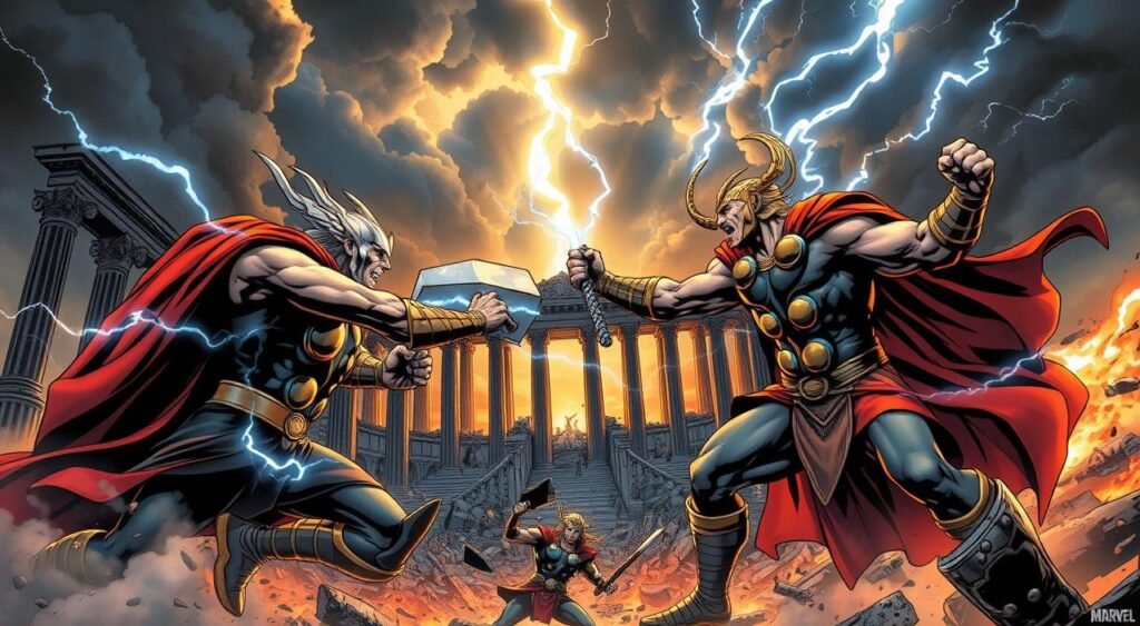 A dramatic scene of the Marvel classic "Kingdom Come" comic book art. In the foreground, Thor and Loki engage in an intense battle, their muscular figures locked in a clash of raw power, lightning and smoke swirling around them. In the middle ground, the ruined halls of Asgard loom, columns crumbling, fires burning. The background is a moody, cinematic sky, ominous clouds parting to reveal shafts of golden light. The lighting is high-contrast, casting deep shadows and highlights that accentuate the heroic anatomy and dynamic poses. The overall atmosphere is one of epic, Wagnerian grandeur - a clash of gods in the twilight of their world. Visual Storytelling and Biblical References