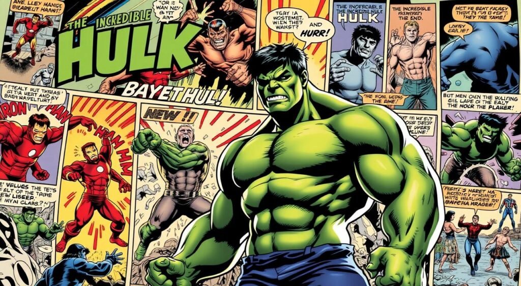 A dynamic comic book panel showcasing iconic Hulk storylines. In the foreground, the muscular, green-skinned Hulk stands tall, his fists clenched in a powerful pose. The middle ground features dynamic action scenes, with the Hulk engaging in epic battles against his adversaries, such as Iron Man, Abomination, and the Leader. The background is a collage of comic book-style panels, illustrating key narrative moments from classic Hulk tales, including "Planet Hulk," "World War Hulk," and "The Incredible Hulk: The End." The overall scene is rendered in a vibrant, comic book-inspired art style, with dynamic lighting and a cinematic camera angle to capture the Hulk's sheer strength and the intensity of the storylines. Key Comic Book Storylines