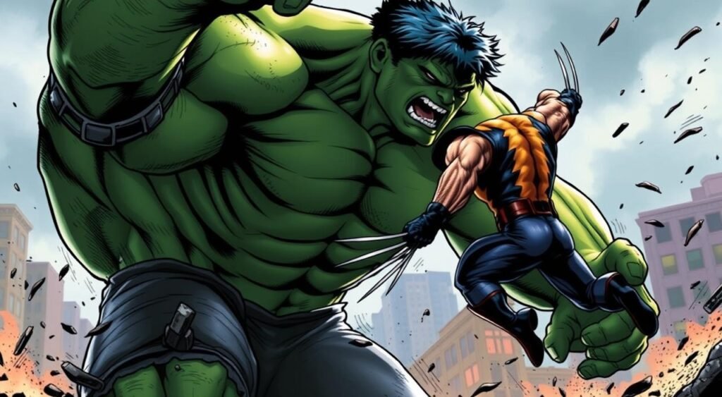 A ferocious battle rages between the towering green behemoth, the Hulk, and the feral, clawed warrior, Wolverine. The Hulk's massive frame looms in the foreground, muscles rippling with primal fury, emerald skin glistening under dramatic lighting. Wolverine, his adamantium claws gleaming, leaps through the air, unafraid to face this unstoppable force. The background is a blurred cityscape, hinting at the devastation these two titans could unleash. The scene is charged with intensity, the clash of two of Marvel's most formidable heroes, their struggle captured in a cinematic, high-contrast composition that emphasizes the raw power and brutality of their confrontation. The Hulk: Unstoppable Rage
