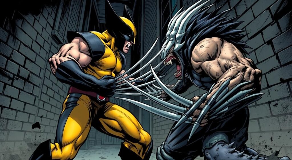 A fierce clash between two powerful mutants, Wolverine and Sabretooth, rages in a gritty, urban setting. Wolverine, with his adamantium claws extended, stands his ground against his eternal rival, Sabretooth, whose ferocious fangs and claws are bared in a menacing snarl. The scene is lit by a harsh, dramatic lighting that casts stark shadows, heightening the tension and intensity of the confrontation. The background is a dimly lit alleyway, with crumbling brick walls and a sense of confinement, emphasizing the personal and primal nature of the battle. The two combatants are locked in a fierce struggle, their muscular bodies straining against each other as they fight for dominance, reflecting the long-standing and unrelenting nature of their rivalry. The Deadliest Foes Wolverine Has Ever Faced