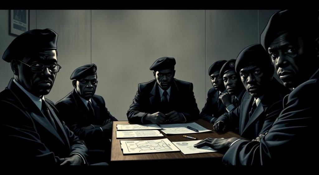 A high-contrast, documentary-style image of the Black Panther Party leadership, captured in a dimly lit meeting room. In the foreground, a group of stern-faced men in dark suits and berets, their gazes focused and resolute. In the middle ground, a table with papers and maps, suggesting strategic planning. The background is hazy, casting an air of secrecy and importance over the scene. The lighting is dramatic, casting deep shadows and highlighting the determined expressions of the leaders. The overall mood is one of power, purpose, and a sense of history in the making. Leadership Structure and Key Figures