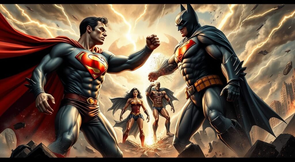 A highly detailed, photorealistic illustration in the style of master comic book artist Alex Ross, capturing the iconic characters and dramatic scene from the acclaimed graphic novel "Kingdom Come". The foreground features the towering, muscular figures of Superman and Batman, locked in an intense battle amidst a swirling maelstrom of energy and lightning. In the middle ground, the corrupted heroes of the modern age, including a sinister Lex Luthor and a twisted Wonder Woman, loom ominously. The background is shrouded in an apocalyptic, storm-wracked sky, with the shattered ruins of a city in the distance. The lighting is dramatic, with deep shadows and highlights that accentuate the heroic forms and convey a sense of heightened emotion and conflict. The overall mood is one of epic grandeur, foreboding power, and the eternal struggle between good and evil. Thor vs. Loki: A Brotherly Battle for Power
