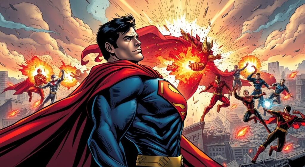 A lush comic book illustration featuring a dramatic scene from the influential "Kingdom Come" graphic novel. In the foreground, a battle-worn Superman stands with a resolute expression, his iconic cape billowing in a dramatic lighting. Behind him, the corrupted heroes of the modern age clash in a chaotic, technicolor melee, their powers clashing in a stunning display. In the background, a dystopian cityscape lays in ruins, hinting at the high stakes and critical themes that made "Kingdom Come" a landmark work that redefined the comic book industry. Rendered in a cinematic, realistic style with intricate details and a moody, atmospheric tone. Critical Reception and Reviews