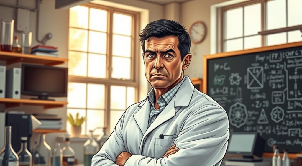 A middle-aged man with short, dark hair and intense, focused eyes stands in a well-lit laboratory. He wears a pristine white lab coat, its sleeve cuffs rolled up, revealing his shirt sleeve and a hint of a muscular forearm. The man is surrounded by various scientific instruments and equipment - beakers, test tubes, a computer monitor, and a chalkboard filled with complex equations and diagrams. The laboratory is bathed in a warm, natural light from large windows, creating a sense of contemplation and scientific inquiry. The man's expression conveys a mix of determination and a hint of worry, as if he is on the verge of a breakthrough that could have profound implications. The Incredible Hulk: From Scientist to Smash