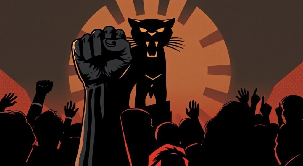 A powerful and symbolic image of the Black Panther Party's revolutionary ideology. In the foreground, a fist raised in a defiant gesture, encapsulating the party's militant stance against oppression. The fist is rendered in a bold, dynamic style, casting dramatic shadows that convey a sense of movement and determination. In the middle ground, the iconic Panther silhouette emerges from a backdrop of bold, geometric patterns and shapes, representing the party's organizational structure and disciplined approach. The overall palette is a rich, earthy combination of blacks, grays, and reds, evoking the party's commitment to community empowerment and social justice. The lighting is dramatic, with strong contrasts and shadows that lend an air of intensity and urgency to the scene. The composition is bold, confident, and unapologetic, capturing the essence of the Black Panther Party's revolutionary ideology. Black Panther's Reign: Leadership and Legacy