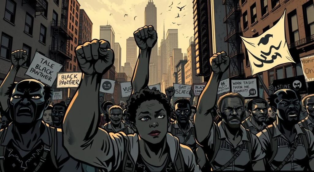 A powerful protest scene unfolds in a gritty urban setting. In the foreground, a group of Black Panther activists, their fists raised defiantly, march through the streets. Their faces are resolute, eyes burning with determination. The middle ground is filled with a swell of supporters, their banners and placards held high, echoing the party's revolutionary slogans. In the background, the cityscape looms, a mix of towering skyscrapers and dilapidated tenements, casting dramatic shadows across the scene. The lighting is harsh, creating deep contrasts that heighten the sense of confrontation and struggle. The overall atmosphere is one of defiance, resilience, and the unwavering spirit of the Black Panther movement. The Sacramento Capitol Protest