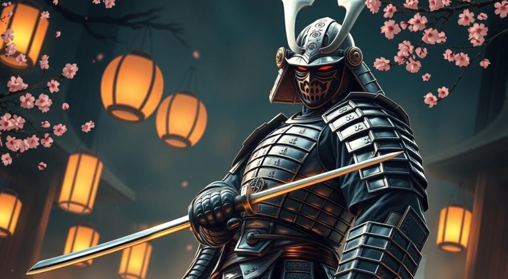 A samurai warrior stands tall, his silver armor gleaming in the soft ambient light. The intricate details of his mask, the sharp lines of his katana, and the fluid movements of his stance convey a sense of power and grace. The background is a dimly lit, traditional Japanese setting, with lanterns casting a warm glow and cherry blossoms drifting in the gentle breeze. The mood is one of honor, discipline, and the quiet intensity of a skilled swordsman, ready to face his foes with unwavering determination. Silver Samurai: The Honorable Foe