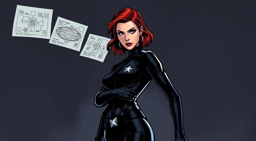 A striking comic book-style illustration of Black Widow, the renowned spy and assassin, in a thoughtful, analytical pose. In the foreground, she stands against a shadowy backdrop, her intense gaze fixed on a series of tactical diagrams and schematics floating in the air before her. Her sleek, black catsuit accentuates her lithe, athletic frame, while her piercing eyes and subtle, calculating expression convey her intellectual prowess and strategic genius. The lighting is dramatic, casting dramatic shadows and highlights that emphasize the complexity of her skills and the depth of her tactical mind. The scene is rendered in a bold, graphic novel aesthetic, capturing the essence of Black Widow's spy craft and elevating it to an art form. How Natasha Would Approach Comic Analysis