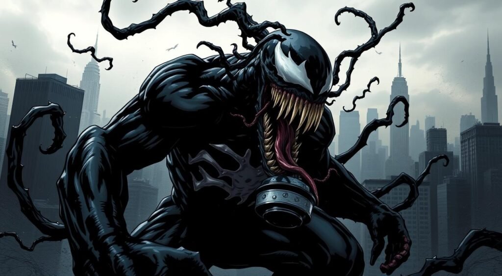 A terrifying, larger-than-life Venom symbiote, its tendrils writhing and pulsing with a sinister energy. The creature's monstrous form looms in the foreground, its gaping maw filled with razor-sharp teeth poised to strike. Wisps of black, inky substance flow and swirl around it, creating an ominous, otherworldly atmosphere. The background is a shadowy, dystopian cityscape, with towering skyscrapers and a gloomy, overcast sky, emphasizing the symbiote's dominating presence. Dramatic, high-contrast lighting casts deep shadows, heightening the sense of menace and foreboding. The overall composition conveys the sheer power and malevolence of the Venom symbiote, a formidable adversary to the heroic Spider-Man. Iconic Moments in the Rivalry
