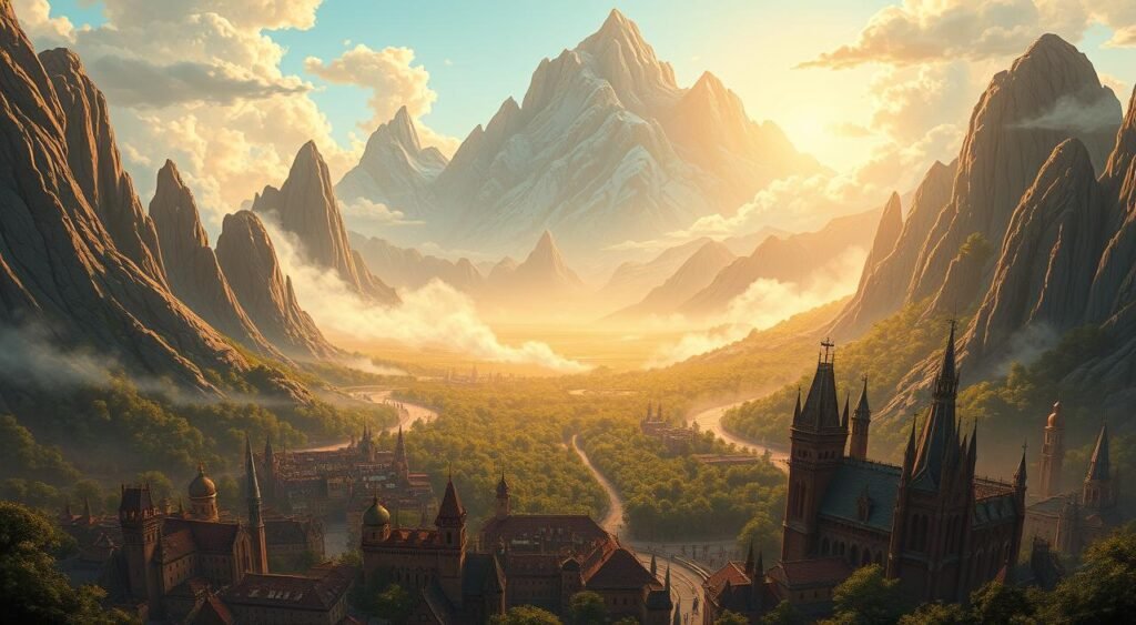 A vast, fantastical realm of towering mountains, swirling mists, and ancient castles. In the foreground, a sprawling medieval city with ornate spires and cobblestone streets, bathed in a warm, golden glow from the setting sun. In the middle ground, a lush, verdant forest, its canopy of trees rustling in a gentle breeze. In the background, the looming presence of a colossal mountain range, its jagged peaks piercing the sky, shrouded in an ethereal, otherworldly atmosphere. The scene is imbued with a sense of majesty and wonder, a world of epic proportions and timeless legend. Cinematic lighting and a wide-angle lens capture the grandeur and scale of this enchanting "Kingdom Come World". The World of Kingdom Come