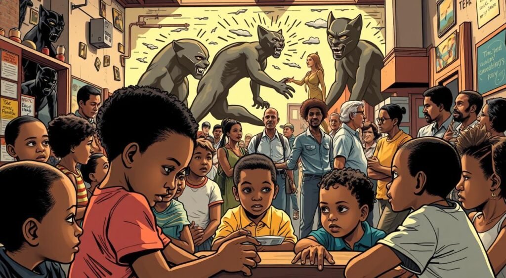 A vibrant community center in the heart of a bustling urban neighborhood. In the foreground, a group of children eagerly participate in an educational workshop, their faces alight with curiosity. The middle ground reveals adults engaged in lively discussions, sharing ideas and experiences. In the background, a mural depicting powerful Black Panther imagery adorns the walls, casting a warm, inspiring glow over the scene. The lighting is soft and natural, lending an air of authenticity and community spirit. The composition is tight, drawing the viewer's attention to the essential activities and interactions taking place, showcasing the Black Panther Party's deep commitment to empowering and uplifting their local community. Education and Healthcare Initiatives