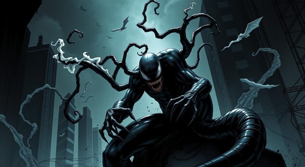 A viscous, ebony symbiote oozes across a dark, gritty cityscape. Its tendrils snake and writhe, forming a humanoid figure with sharp claws and a maw of jagged fangs. Wisps of the alien substance drift and billow, as if alive. The symbiote's host is unseen, but its malevolent presence permeates the scene, casting an ominous shadow over the urban environment. Dramatic lighting accentuates the symbiote's sinister features, creating a moody, atmospheric tone. The composition emphasizes the symbiote's alien, predatory nature, hinting at its capacity for both protection and destruction. The Symbiote's Other Hosts