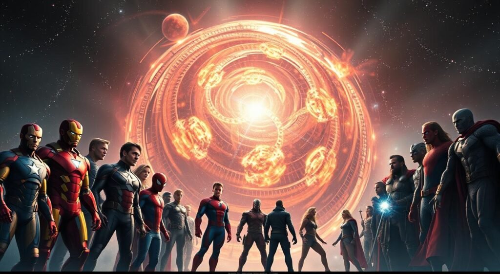 A cinematic, expansive view of the Marvel Multiverse Saga. In the foreground, iconic Marvel superheroes - Iron Man, Captain America, Thor, Spider-Man, and others - stand united, showcasing the interconnected nature of the Marvel Cinematic Universe. In the middle ground, a swirling, kaleidoscopic vortex of alternate realities and timelines, hinting at the vast, complex narrative that will unfold across Phase 5. The background is a cosmic backdrop, dotted with distant stars and nebulae, emphasizing the grand, epic scale of this monumental storyline. Lighting is dramatic, with a blend of warm and cool tones, creating a sense of intensity and anticipation. The overall composition and mood evoke a sense of grandeur, adventure, and the thrilling possibilities of the Multiverse Saga. A cinematic, expansive view of the Marvel Multiverse Saga. In the foreground, iconic Marvel superheroes - Iron Man, Captain America, Thor, Spider-Man, and others - stand united, showcasing the interconnected nature of the Marvel Cinematic Universe. In the middle ground, a swirling, kaleidoscopic vortex of alternate realities and timelines, hinting at the vast, complex narrative that will unfold across Phase 5. The background is a cosmic backdrop, dotted with distant stars and nebulae, emphasizing the grand, epic scale of this monumental storyline. Lighting is dramatic, with a blend of warm and cool tones, creating a sense of intensity and anticipation. The overall composition and mood evoke a sense of grandeur, adventure, and the thrilling possibilities of the Multiverse Saga.