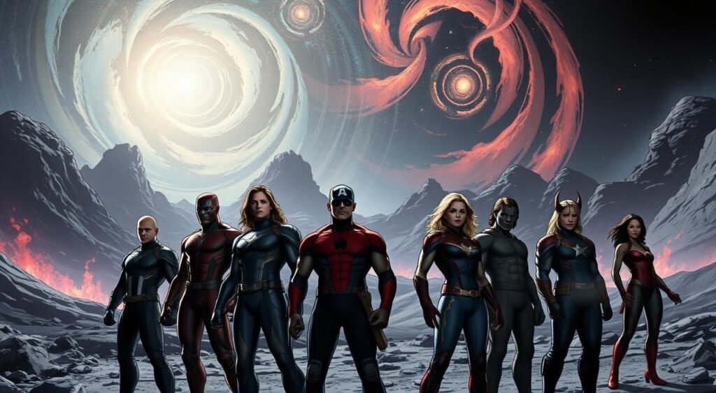 A cinematic, high-contrast scene showcasing a pivotal "What If...?" Season 2 episode. In the foreground, a group of Marvel superheroes stands resolute, their expressions a blend of determination and uncertainty as they confront an unknown threat. The middle ground features a dramatic, otherworldly landscape, hinting at the multiverse-spanning stakes. In the background, swirling cosmic energy and dimensional rifts suggest the far-reaching consequences of the events unfolding. Dramatic lighting casts deep shadows, creating an atmosphere of suspense and high-stakes adventure. Shoot this scene with a wide-angle lens to capture the grand scale and cinematic impact, as if pulled straight from the Marvel Cinematic Universe. A cinematic, high-contrast scene showcasing a pivotal "What If...?" Season 2 episode. In the foreground, a group of Marvel superheroes stands resolute, their expressions a blend of determination and uncertainty as they confront an unknown threat. The middle ground features a dramatic, otherworldly landscape, hinting at the multiverse-spanning stakes. In the background, swirling cosmic energy and dimensional rifts suggest the far-reaching consequences of the events unfolding. Dramatic lighting casts deep shadows, creating an atmosphere of suspense and high-stakes adventure. Shoot this scene with a wide-angle lens to capture the grand scale and cinematic impact, as if pulled straight from the Marvel Cinematic Universe.