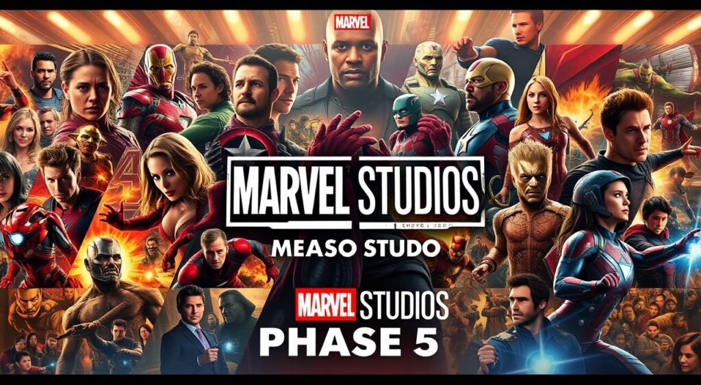 A cinematic panorama of Marvel's Phase 5 movie lineup, captured in a dynamic, comic book-inspired style. In the foreground, the iconic Marvel Studios logo stands tall, surrounded by vibrant character portraits of the key heroes and villains taking center stage. The middle ground showcases action-packed scenes from the upcoming films, each frame brimming with energy and visual flair. In the background, a collage of dynamic comic book panels and graphic design elements creates a layered, immersive atmosphere. Illuminated by a warm, cinematic lighting, the overall composition evokes the grand scale and ambitious storytelling of Marvel's cinematic universe. Captured with a wide-angle lens to emphasize the scope and grandeur of this new phase of Marvel movies. A cinematic panorama of Marvel's Phase 5 movie lineup, captured in a dynamic, comic book-inspired style. In the foreground, the iconic Marvel Studios logo stands tall, surrounded by vibrant character portraits of the key heroes and villains taking center stage. The middle ground showcases action-packed scenes from the upcoming films, each frame brimming with energy and visual flair. In the background, a collage of dynamic comic book panels and graphic design elements creates a layered, immersive atmosphere. Illuminated by a warm, cinematic lighting, the overall composition evokes the grand scale and ambitious storytelling of Marvel's cinematic universe. Captured with a wide-angle lens to emphasize the scope and grandeur of this new phase of Marvel movies.