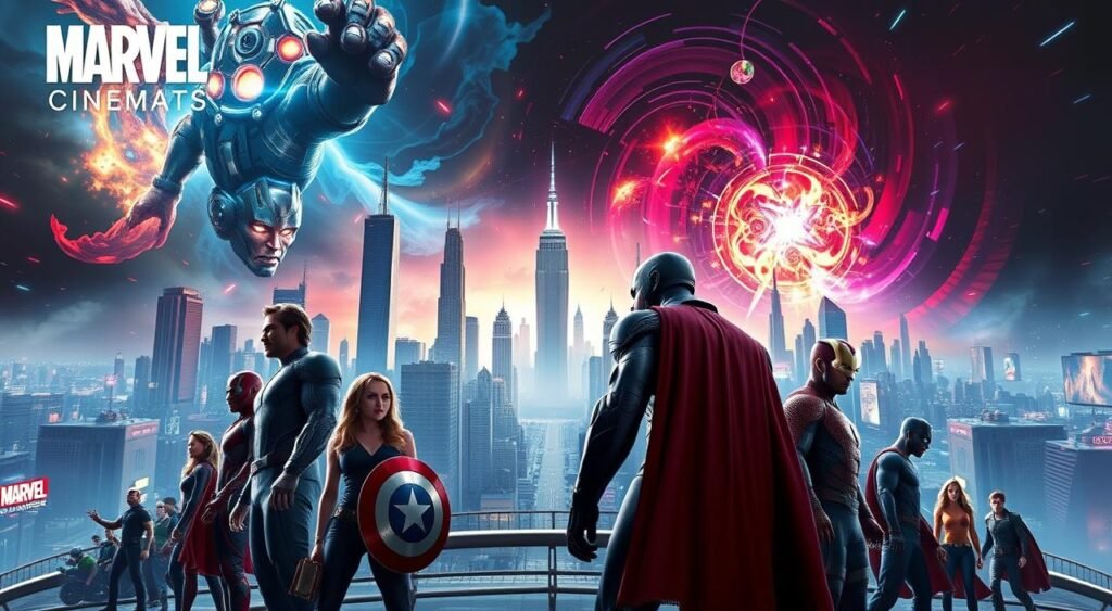 A cinematic panorama of the Marvel Cinematic Universe, showcasing its vast and interconnected world. In the foreground, iconic superhero characters stand tall, their costumes and poses capturing the essence of their heroic narratives. The middle ground features a dynamic cityscape, with towering skyscrapers and bustling streets, a testament to the richness of the MCU's settings. In the background, a kaleidoscope of vibrant colors and energetic visual effects swirl, representing the mind-bending sci-fi and fantastical elements that have become hallmarks of the franchise. Dramatic lighting casts strong shadows and highlights, creating a bold, cinematic atmosphere. The camera angle is wide and sweeping, capturing the grandeur and scale of the Marvel universe in a single, awe-inspiring image. A cinematic panorama of the Marvel Cinematic Universe, showcasing its vast and interconnected world. In the foreground, iconic superhero characters stand tall, their costumes and poses capturing the essence of their heroic narratives. The middle ground features a dynamic cityscape, with towering skyscrapers and bustling streets, a testament to the richness of the MCU's settings. In the background, a kaleidoscope of vibrant colors and energetic visual effects swirl, representing the mind-bending sci-fi and fantastical elements that have become hallmarks of the franchise. Dramatic lighting casts strong shadows and highlights, creating a bold, cinematic atmosphere. The camera angle is wide and sweeping, capturing the grandeur and scale of the Marvel universe in a single, awe-inspiring image.