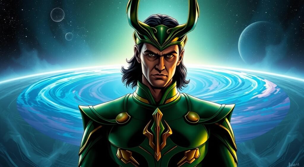 A cinematic, widescreen view of the God of Mischief Loki, standing in the center of a fantastical, ethereal landscape. The foreground features Loki, his iconic green and gold armor gleaming under dramatic lighting, his expression a mixture of cunning and contemplation. In the middle ground, the backdrop is a swirling vortex of blues, purples, and greens, hinting at the otherworldly nature of the Multiverse. The background is a vast, starry sky, with distant planets and celestial bodies visible, suggesting the expansive scope of Loki's journey. The overall mood is one of anticipation and mystery, capturing the essence of the upcoming third season of the hit Marvel series. A cinematic, widescreen view of the God of Mischief Loki, standing in the center of a fantastical, ethereal landscape. The foreground features Loki, his iconic green and gold armor gleaming under dramatic lighting, his expression a mixture of cunning and contemplation. In the middle ground, the backdrop is a swirling vortex of blues, purples, and greens, hinting at the otherworldly nature of the Multiverse. The background is a vast, starry sky, with distant planets and celestial bodies visible, suggesting the expansive scope of Loki's journey. The overall mood is one of anticipation and mystery, capturing the essence of the upcoming third season of the hit Marvel series.