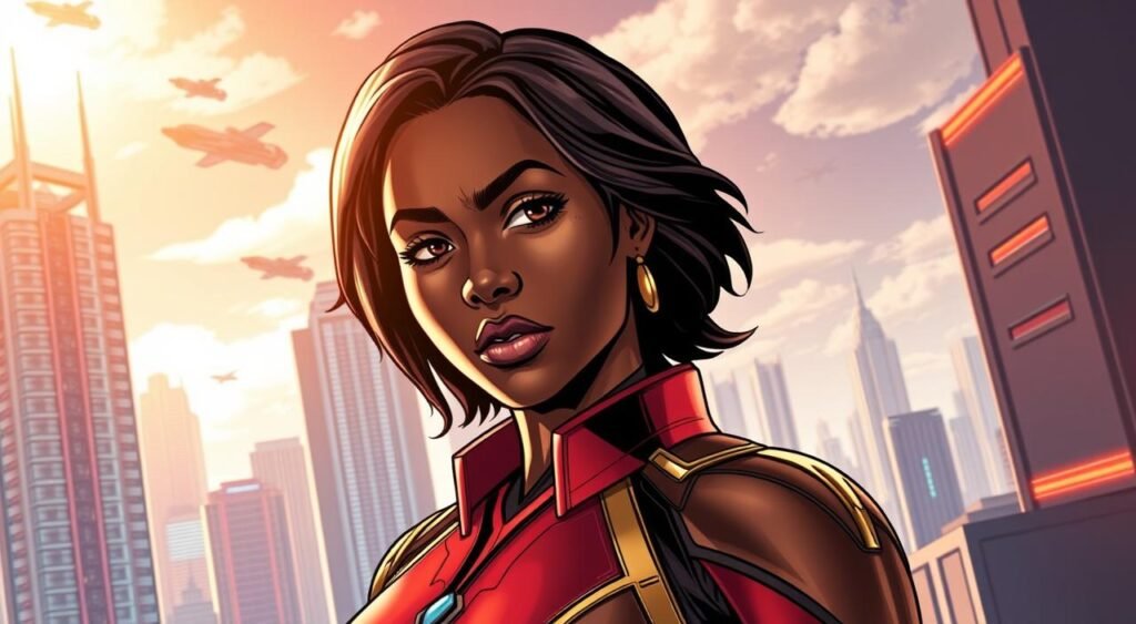 A close-up portrait of Riri Williams, also known as Ironheart, against a vibrant, futuristic cityscape. Riri stands in the foreground, her intense gaze and determined expression conveying her strength and intelligence. She wears a sleek, high-tech bodysuit in shades of red and gold, reflecting the advanced technology she commands. The background features a skyline of towering, gleaming skyscrapers, with holographic displays and flying vehicles adding to the sense of a technologically advanced, dynamic environment. Warm, directional lighting from the side creates dramatic shadows and highlights Riri's features, creating a powerful, cinematic mood. The composition is balanced, with Riri positioned slightly off-center, drawing the viewer's eye to her as the focal point. Um retrato em close-up de Riri Williams, também conhecida como Ironheart, em uma paisagem urbana vibrante e futurista. Riri está em primeiro plano, com seu olhar intenso e expressão determinada transmitindo sua força e inteligência. Ela veste um body elegante e de alta tecnologia em tons de vermelho e dourado, refletindo a tecnologia avançada que domina. O fundo apresenta um horizonte de arranha-céus imponentes e brilhantes, com displays holográficos e veículos voadores, contribuindo para a sensação de um ambiente dinâmico e tecnologicamente avançado. A iluminação lateral quente e direcional cria sombras dramáticas e destaca as feições de Riri, criando um clima poderoso e cinematográfico. A composição é equilibrada, com Riri posicionada ligeiramente descentralizada, atraindo o olhar do espectador para ela como ponto focal.