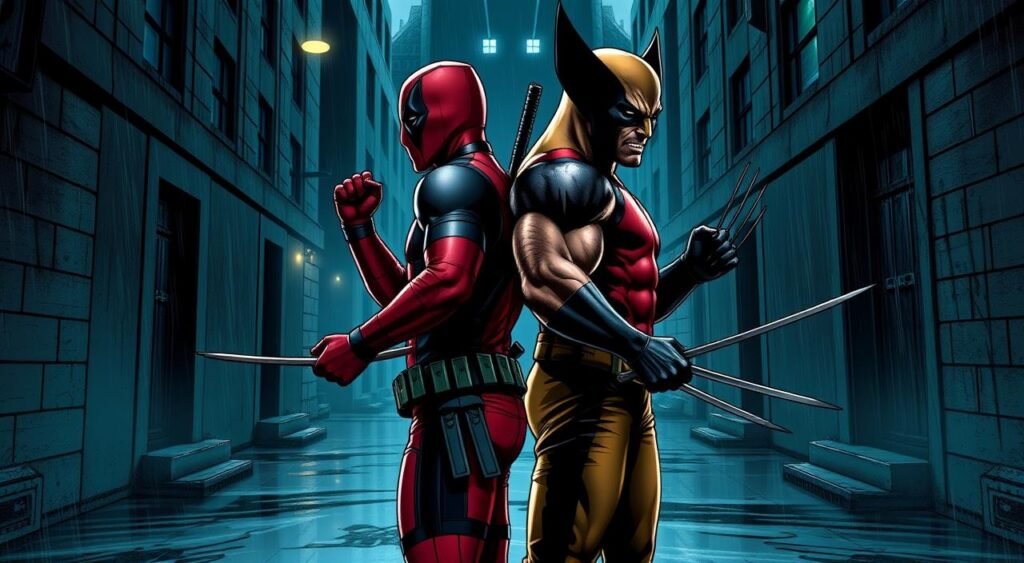 A dark, gritty scene of Deadpool and Wolverine standing back-to-back, facing an ominous, shadowy threat. Deadpool, clad in his signature red and black suit, wields his katanas with sharp precision. Wolverine, his claws unsheathed, exudes a primal fury. Their expressions convey a mix of determination and apprehension, as they prepare for an intense confrontation. The background is a dimly lit alleyway, with rain-slicked pavement and towering, ominous buildings casting long shadows. The lighting is dramatic, with a mix of cool blues and warm hues highlighting the heroes' tense standoff. The overall atmosphere is one of impending danger and high-stakes action, setting the stage for an epic showdown between the Merc with a Mouth and the Wolverine. Uma cena sombria e crua de Deadpool e Wolverine, costas com costas, enfrentando uma ameaça sinistra e sombria. Deadpool, trajando seu característico traje vermelho e preto, empunha suas katanas com precisão aguçada. Wolverine, com suas garras desembainhadas, exala uma fúria primitiva. Suas expressões transmitem uma mistura de determinação e apreensão, enquanto se preparam para um confronto intenso. O cenário é um beco mal iluminado, com calçada escorregadia pela chuva e prédios imponentes e ameaçadores projetando longas sombras. A iluminação é dramática, com uma mistura de azuis frios e tons quentes, destacando o tenso impasse entre os heróis. A atmosfera geral é de perigo iminente e ação de alto risco, preparando o cenário para um confronto épico entre o Mercenário Tagarela e o Wolverine.