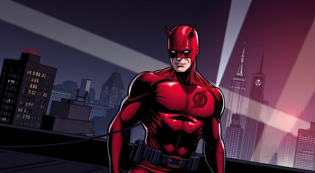A dimly lit rooftop at night, the iconic red and black costume of Daredevil stands out against the shadowy cityscape of New York. The hero's gaze is intense, with a determined expression as he prepares to leap into action. Dramatic beams of light from nearby skyscrapers cast sharp shadows, accentuating the muscular form and tactical details of the outfit. In the background, the Avengers Tower and other landmarks are visible, hinting at the larger Marvel universe. The atmosphere is charged with a sense of anticipation, capturing the essence of the "Daredevil: Born Again" series. Num telhado mal iluminado à noite, o icônico traje vermelho e preto do Demolidor se destaca na paisagem sombria da cidade de Nova York. O olhar do herói é intenso, com uma expressão determinada enquanto se prepara para entrar em ação. Feixes de luz dramáticos vindos de arranha-céus próximos projetam sombras nítidas, acentuando a forma musculosa e os detalhes táticos do traje. Ao fundo, a Torre dos Vingadores e outros pontos turísticos são visíveis, sugerindo o universo Marvel mais amplo. A atmosfera é carregada de uma sensação de expectativa, capturando a essência da série "Demolidor: Renascido".