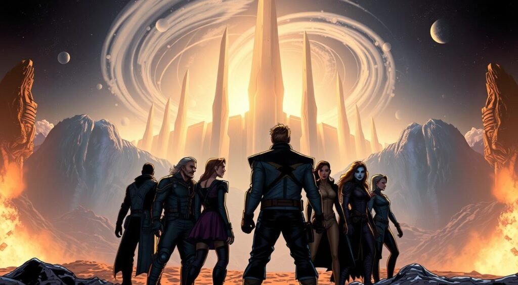 A dramatic, cinematic scene of the Guardians of the Galaxy team standing together, ready to face their final challenge. The team is positioned in the foreground, illuminated by a warm, golden light that casts dramatic shadows, conveying a sense of anticipation and determination. In the middle ground, a vast, alien landscape unfolds, with towering, crystal-like structures and swirling, ethereal clouds. The background is bathed in a deep, rich blue hue, suggesting the vastness of space and the weight of the moment. The Guardians, each with their distinct costumes and expressions, stand united, their dynamic poses and resolute gazes capturing the essence of this epic conclusion to their saga. A dramatic, cinematic scene of the Guardians of the Galaxy team standing together, ready to face their final challenge. The team is positioned in the foreground, illuminated by a warm, golden light that casts dramatic shadows, conveying a sense of anticipation and determination. In the middle ground, a vast, alien landscape unfolds, with towering, crystal-like structures and swirling, ethereal clouds. The background is bathed in a deep, rich blue hue, suggesting the vastness of space and the weight of the moment. The Guardians, each with their distinct costumes and expressions, stand united, their dynamic poses and resolute gazes capturing the essence of this epic conclusion to their saga.