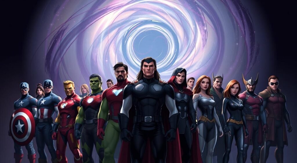 A dramatic group portrait of the main cast members of the upcoming second season of the Marvel Studios animated series "What If...?". The characters are arranged in a visually striking composition, lit by dramatic chiaroscuro lighting that creates deep shadows and highlights their iconic costumes and expressions. In the foreground, the central figures of the Avengers - Captain America, Iron Man, Thor, Hulk, Black Widow, and Hawkeye - stand with stoic, pensive looks, conveying a sense of uncertainty and curiosity about the new realities they will explore. In the middle ground, supporting characters like Doctor Strange, Loki, Valkyrie, and the Guardians of the Galaxy surround them, each with their own unique energy and personality. The background features a swirling, ethereal vortex of alternate timelines and dimensions, hinting at the vast narrative possibilities of the new season. The overall mood is one of anticipation, mystery, and the uneasy excitement of journeying into the unknown. A dramatic group portrait of the main cast members of the upcoming second season of the Marvel Studios animated series "What If...?". The characters are arranged in a visually striking composition, lit by dramatic chiaroscuro lighting that creates deep shadows and highlights their iconic costumes and expressions. In the foreground, the central figures of the Avengers - Captain America, Iron Man, Thor, Hulk, Black Widow, and Hawkeye - stand with stoic, pensive looks, conveying a sense of uncertainty and curiosity about the new realities they will explore. In the middle ground, supporting characters like Doctor Strange, Loki, Valkyrie, and the Guardians of the Galaxy surround them, each with their own unique energy and personality. The background features a swirling, ethereal vortex of alternate timelines and dimensions, hinting at the vast narrative possibilities of the new season. The overall mood is one of anticipation, mystery, and the uneasy excitement of journeying into the unknown.
