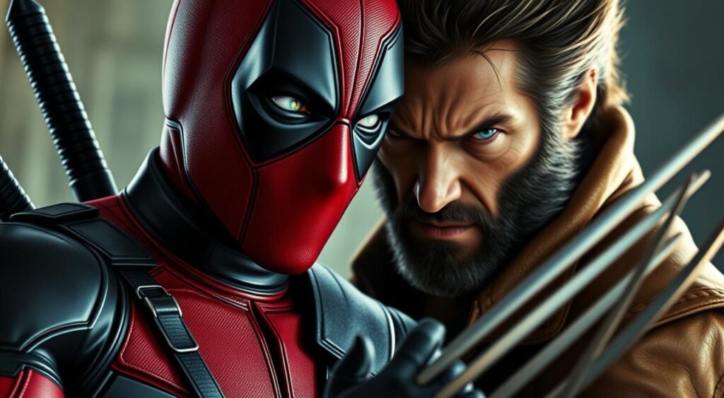 A dynamic close-up of Deadpool and Wolverine, their iconic costumes and features highlighted in vivid detail. Deadpool's red and black suit contrasts with Wolverine's rugged brown leather jacket, their expressions intense and determined. The background is blurred, creating a cinematic focus on the two Marvel heroes. Dramatic rim lighting from the side accentuates their muscular physiques and intense gazes, conveying a sense of power and anticipation. The overall mood is one of excitement and the promise of an epic on-screen clash between these two beloved characters. Um close dinâmico de Deadpool e Wolverine, com seus trajes e características icônicos destacados em detalhes vívidos. O traje vermelho e preto de Deadpool contrasta com a jaqueta de couro marrom de Wolverine, e suas expressões são intensas e determinadas. O fundo é desfocado, criando um foco cinematográfico nos dois heróis da Marvel. A iluminação lateral dramática acentua seus físicos musculosos e olhares intensos, transmitindo uma sensação de poder e expectativa. O clima geral é de entusiasmo e a promessa de um confronto épico na tela entre esses dois personagens amados.