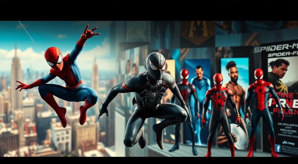 A dynamic evolution of Spider-Man through the decades, captured in a cinematic panorama. In the foreground, a young, web-slinging Peter Parker in his classic red-and-blue costume, mid-swing against a vibrant cityscape. In the middle ground, the rugged, grizzled Spider-Man of the future, wielding advanced tech-enhanced suits. In the background, a collage of iconic Spider-Man movie posters, each representing a unique era and interpretation of the beloved superhero. Dramatic lighting casts dramatic shadows, while a cinematic depth-of-field blurs the edges, putting the focus squarely on the evolving Spider-Man at the center of the frame. An energetic, visually striking homage to the character's cinematic legacy. Uma evolução dinâmica do Homem-Aranha ao longo das décadas, capturada em um panorama cinematográfico. Em primeiro plano, um jovem Peter Parker, lançando teias, em seu clássico traje vermelho e azul, balançando-se em meio a uma vibrante paisagem urbana. No meio, o robusto e grisalho Homem-Aranha do futuro, empunhando trajes com tecnologia avançada. Ao fundo, uma colagem de pôsteres icônicos do filme Homem-Aranha, cada um representando uma era e interpretação únicas do amado super-herói. A iluminação dramática projeta sombras dramáticas, enquanto uma profundidade de campo cinematográfica desfoca as bordas, colocando o foco diretamente no Homem-Aranha em evolução no centro do quadro. Uma homenagem energética e visualmente impressionante ao legado cinematográfico do personagem.