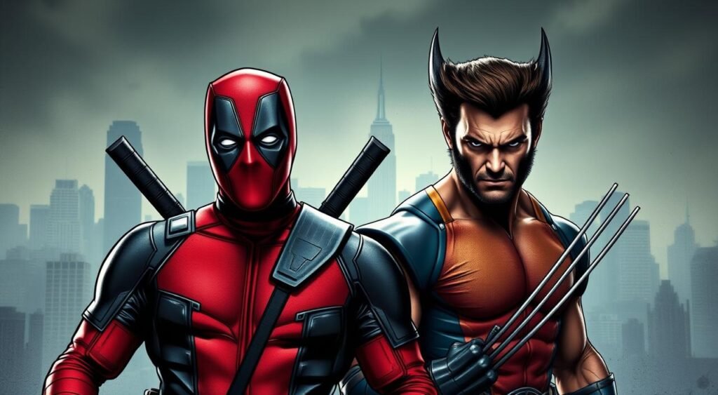 A dynamic portrait of Deadpool and Wolverine, standing side-by-side in a bold, action-packed pose. Deadpool, clad in his iconic red and black suit, sports his signature quippy expression, while Wolverine, with his rugged features and fierce gaze, emanates a brooding intensity. The two mutant heroes are framed against a gritty, urban backdrop, the city skyline visible in the distance, bathed in a moody, atmospheric lighting. The composition emphasizes the contrast and camaraderie between these two beloved Marvel characters, hinting at the excitement and suspense that their long-awaited on-screen reunion will bring. Bringing Two Fan-Favorite Characters Together
