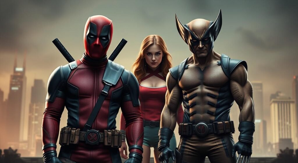 A heroic trio of Marvel's famed anti-heroes, Deadpool and Wolverine, stands in a gritty, urban setting bathed in moody, cinematic lighting. The foreground features the two characters in dynamic, action-packed poses, their costumes and accessories meticulously detailed. In the middle ground, a third figure, a female character, joins the pair, her presence commanding attention. The background suggests a bustling city skyline, with skyscrapers silhouetted against a hazy, atmospheric sky. The overall composition conveys a sense of power, danger, and the cohesive chemistry of this star-studded comic book cast. Um trio heroico dos famosos anti-heróis da Marvel, Deadpool e Wolverine, se apresenta em um cenário urbano e sombrio, banhado por uma iluminação cinematográfica e sombria. O primeiro plano apresenta os dois personagens em poses dinâmicas e cheias de ação, com seus figurinos e acessórios meticulosamente detalhados. No meio, uma terceira figura, uma personagem feminina, se junta à dupla, com sua presença chamando a atenção. O fundo sugere um horizonte urbano movimentado, com arranha-céus recortados contra um céu nebuloso e atmosférico. A composição geral transmite uma sensação de poder, perigo e a química coesa deste elenco de quadrinhos repleto de estrelas.