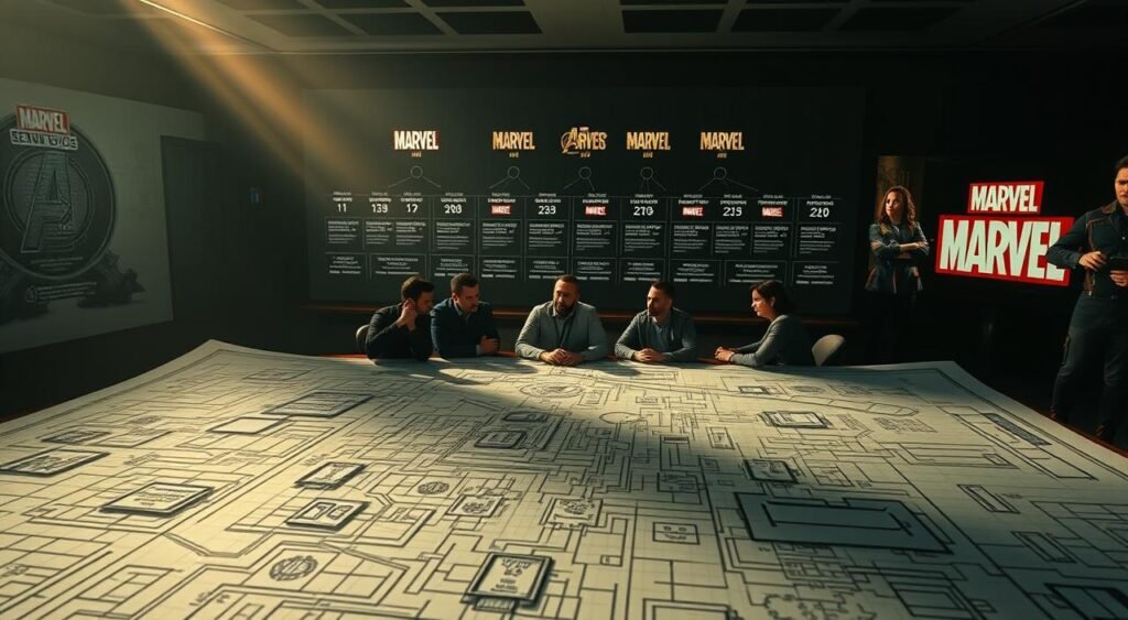 A high-contrast, cinematic image of the Marvel Studios production strategy. In the foreground, an intricate blueprint or schematic layout of the Marvel Cinematic Universe, with interconnected storylines, characters, and franchises. In the middle ground, a team of Marvel executives and creatives gathered around a conference table, deep in discussion. Soft, dramatic lighting from above, casting long shadows and highlighting the intensity of their expressions. In the background, a large screen displays a timeline of upcoming Marvel movie releases, with release dates, logos, and hints of the narratives to come. The overall atmosphere is one of strategic planning, creative vision, and the sheer scale of the Marvel multimedia empire. A high-contrast, cinematic image of the Marvel Studios production strategy. In the foreground, an intricate blueprint or schematic layout of the Marvel Cinematic Universe, with interconnected storylines, characters, and franchises. In the middle ground, a team of Marvel executives and creatives gathered around a conference table, deep in discussion. Soft, dramatic lighting from above, casting long shadows and highlighting the intensity of their expressions. In the background, a large screen displays a timeline of upcoming Marvel movie releases, with release dates, logos, and hints of the narratives to come. The overall atmosphere is one of strategic planning, creative vision, and the sheer scale of the Marvel multimedia empire.