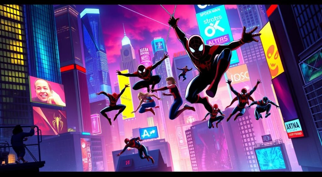 A high-energy, dynamic scene of "Spider-Man: Into the Spider-Verse" set against a vibrant, neon-tinged cityscape. In the foreground, the iconic Spider-Man silhouette swings through the air, his web trailing behind him. In the middle ground, a diverse group of Spider-People - Miles Morales, Gwen Stacy, and other variants - leap and soar, their unique costumes and abilities on full display. The background is a riot of color, with towering skyscrapers, glowing billboards, and a moody, atmospheric lighting that evokes the film's distinct visual style. The overall composition conveys the film's themes of heroism, community, and the boundless potential of the Spider-Verse. Uma cena dinâmica e cheia de energia de "Homem-Aranha: No Aranhaverso" em uma paisagem urbana vibrante e vibrante, com tons neon. Em primeiro plano, a icônica silhueta do Homem-Aranha balança no ar, arrastando sua teia atrás dele. No meio, um grupo diversificado de Homens-Aranha – Miles Morales, Gwen Stacy e outras variantes – saltam e planam, exibindo seus trajes e habilidades únicos. O fundo é uma explosão de cores, com arranha-céus imponentes, outdoors brilhantes e uma iluminação atmosférica e sombria que evoca o estilo visual distinto do filme. A composição geral transmite os temas do filme: heroísmo, comunidade e o potencial ilimitado do Aranhaverso.