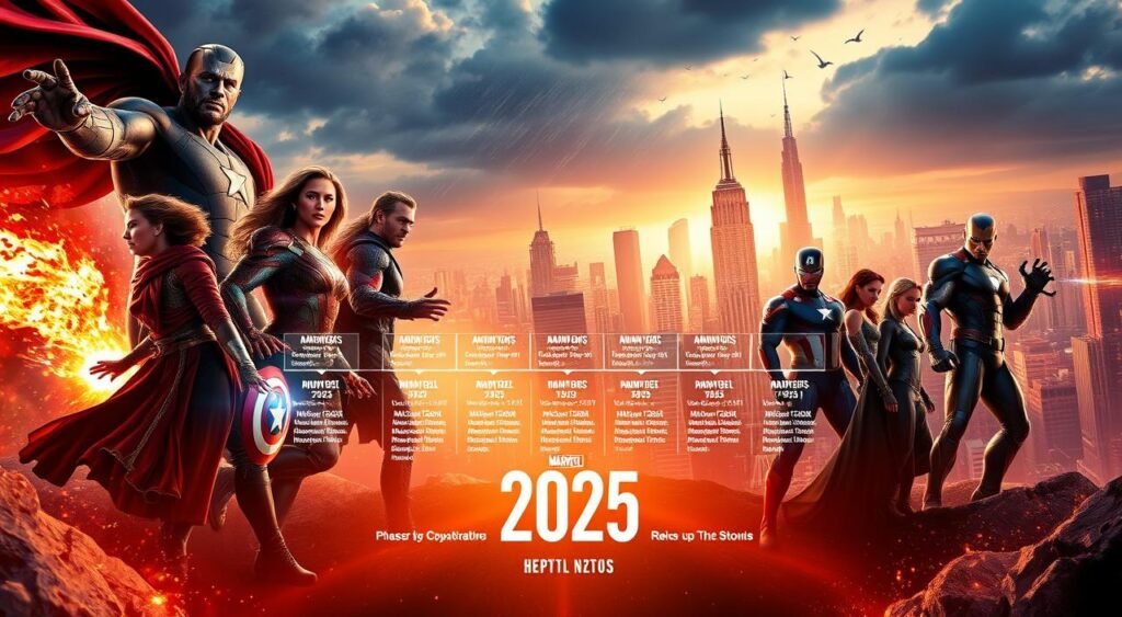 A meticulously crafted movie poster showcasing the Marvel Cinematic Universe's 2025 release schedule. In the crisp, cinematic foreground, iconic Marvel heroes and villains strike dramatic poses, their powers and abilities on full display. The middle ground features a sleek, minimalist timeline of the upcoming film releases, with release dates and titles seamlessly integrated. The background is a stunning cityscape, bathed in a warm, golden glow that reflects the grandeur and excitement of the Marvel universe. The overall composition radiates a sense of anticipation and cinematic grandeur, perfectly capturing the essence of the MCU's 2025 lineup. A meticulously crafted movie poster showcasing the Marvel Cinematic Universe's 2025 release schedule. In the crisp, cinematic foreground, iconic Marvel heroes and villains strike dramatic poses, their powers and abilities on full display. The middle ground features a sleek, minimalist timeline of the upcoming film releases, with release dates and titles seamlessly integrated. The background is a stunning cityscape, bathed in a warm, golden glow that reflects the grandeur and excitement of the Marvel universe. The overall composition radiates a sense of anticipation and cinematic grandeur, perfectly capturing the essence of the MCU's 2025 lineup.