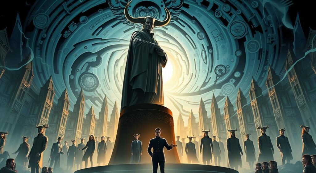 A meticulously crafted scene of Loki season 3 theories, portrayed with cinematic flair. In the foreground, a towering statue of Loki, his mischievous grin casting an intriguing shadow. Behind it, a swirling vortex of anomalies - glowing runes, shifting timelines, and glimpses of alternate realities. In the middle ground, a congregation of Lokis, each exhibiting a unique variation of the god of mischief. The background is a kaleidoscope of Asgardian architecture, hinting at the grand scale of the upcoming narrative. Dramatic lighting casts an otherworldly glow, while a sense of anticipation and intrigue permeates the scene, inviting the viewer to ponder the captivating theories of Loki's next chapter.