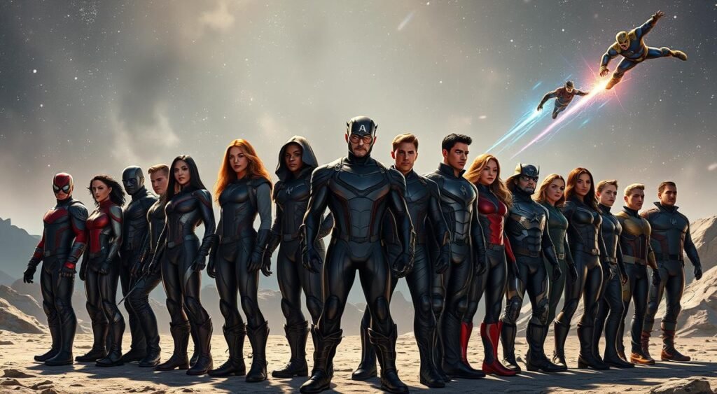 A panoramic, cinematic shot of the Marvel Cinematic Universe's newest superhero teams assembling. In the foreground, the members of the Thunderbolts and the Young Avengers stand united, their costumes and powers on full display under dramatic lighting. In the middle ground, the Midnight Sons emerge from the shadows, their mystical energies pulsing. In the distant background, the Guardians of the Galaxy and the Fantastic Four take flight, ready to defend the cosmos. The composition is dynamic, with a sense of power, collaboration, and the grand scale of the MCU's expanding roster of heroes. A panoramic, cinematic shot of the Marvel Cinematic Universe's newest superhero teams assembling. In the foreground, the members of the Thunderbolts and the Young Avengers stand united, their costumes and powers on full display under dramatic lighting. In the middle ground, the Midnight Sons emerge from the shadows, their mystical energies pulsing. In the distant background, the Guardians of the Galaxy and the Fantastic Four take flight, ready to defend the cosmos. The composition is dynamic, with a sense of power, collaboration, and the grand scale of the MCU's expanding roster of heroes.